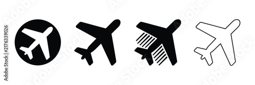 Airplane, takeoff aircraft icons with black flying plane silhouettes, airport airline symbols, circular logos, and clean vector pictogram designs