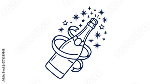 Celebratory champagne bottle with sparkling stars and ribbon design