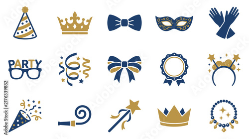 Collection of blue and gold party and celebration icons