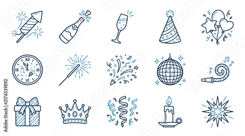 Festive party and New Year celebration line icons set