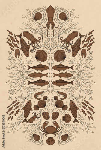 Abstract beige and brown symmetrical seafood line art background