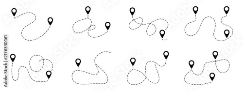 Airplane, flight route vector featuring location pins, start point markers, and dotted path lines for travel navigation and aviation design.