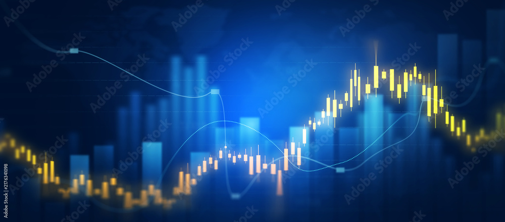 Naklejka premium Financial chart with moving up arrow graph.Financial data charts with glowing stock market graphs.Stock market investment data and analysis finance graph. 