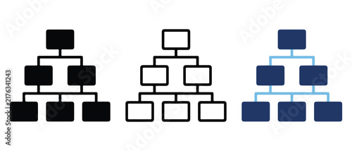 Hierarchical organizational chart diagrams with different color styles showing layered structure connections