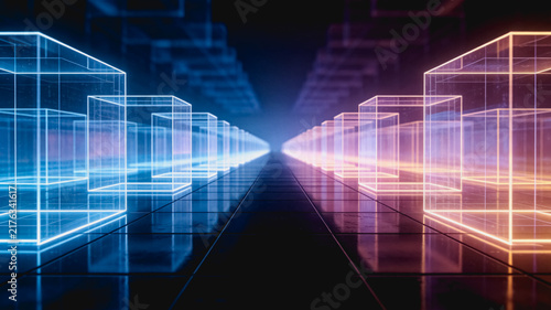 Symmetrical futuristic corridor with glowing blue and orange wireframe cubes, digital abstract scene.