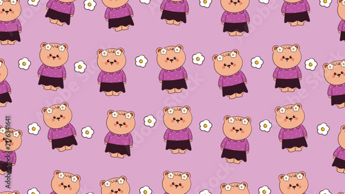 Desktop pattern with cute hand drawn cartoon bear wearing purple shirt and skirt with flowers