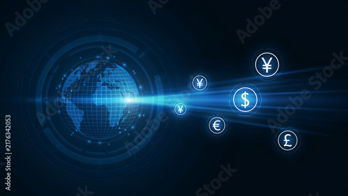 Global Digital Payment Network with Earth Globe and International Currency Symbols