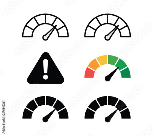 Speedometer and Risk Level Warning Gauge Icon Set