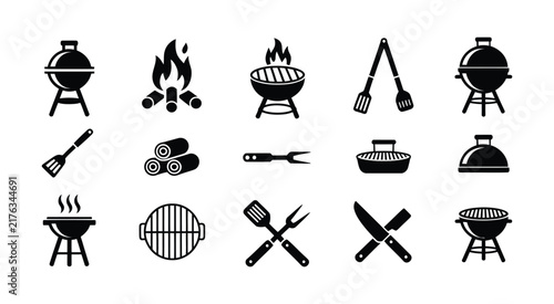 Foto BBQ grill, barbecue tools, sausages, fire, and outdoor cooking equipment icons f