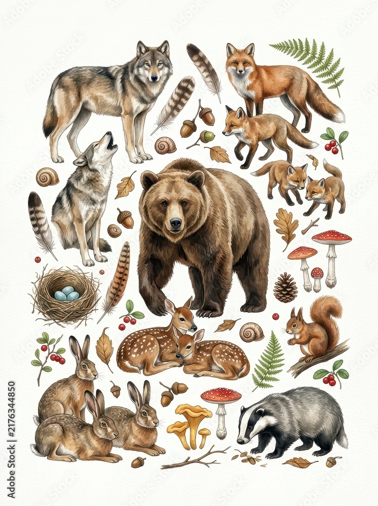 Obraz premium Watercolor Forest Animals and Nature Elements Collection - Bear, Wolf, Fox, Deer, Badger, and Woodland Flora Illustration