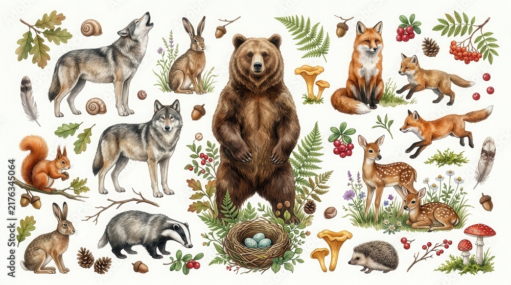 Obraz premium Watercolor Woodland Animals and Forest Elements Collection with Bear, Wolf, Fox, Deer, Badger, Squirrel, and Rabbit