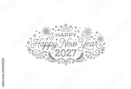 Elegant Happy New Year 2027 lettering, festive holiday typography with fireworks and stars, black line art vector for seasonal greeting cards.