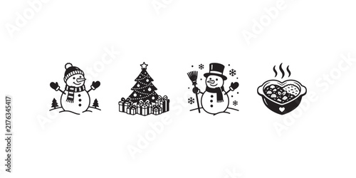 Minimalist Christmas icons set, black and white winter holiday vector elements, festive snowman and decorated tree graphics