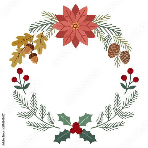 Festive Christmas wreath illustration with a large red poinsettia flower, holly leaves, red berries, oak leaves, acorns, and pinecones arranged in an elegant open circular frame on a white background.