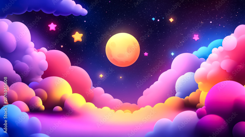 Fototapeta premium Cartoon illustration of a magical night sky featuring a full moon, colorful glowing stars, and cartoonish clouds.