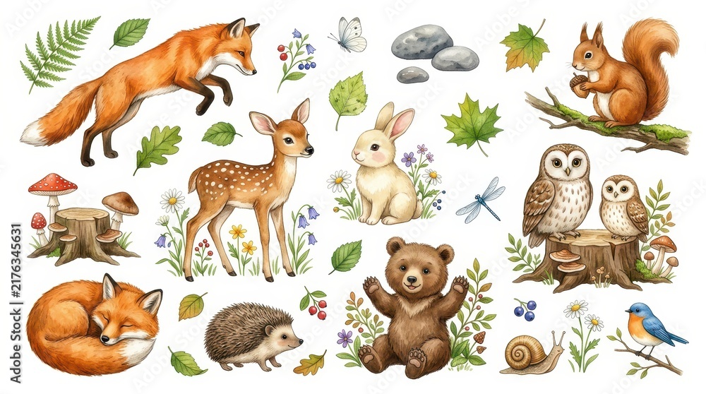 Obraz premium Watercolor Woodland Animals and Forest Elements Set - Fox, Deer, Bear, Owl, Rabbit, Hedgehog, Squirrel, and Nature Illustrations