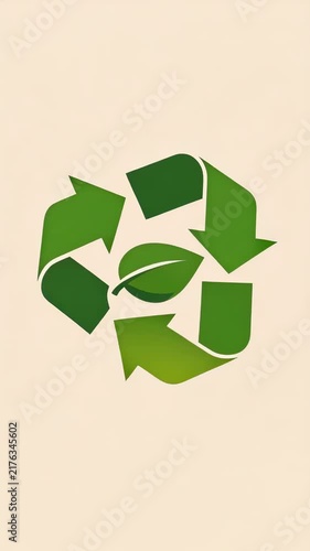Triptych of green recycling symbols with a central leaf on beige panels, animated arrows rotate across three frames representing eco sustainability.