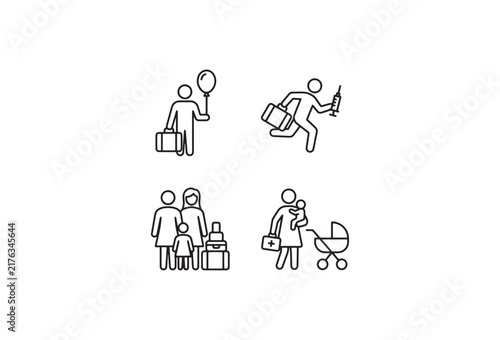 Minimalist travel line icons, 4 refugee and migration vector symbols, family relocation and medical aid pictograms