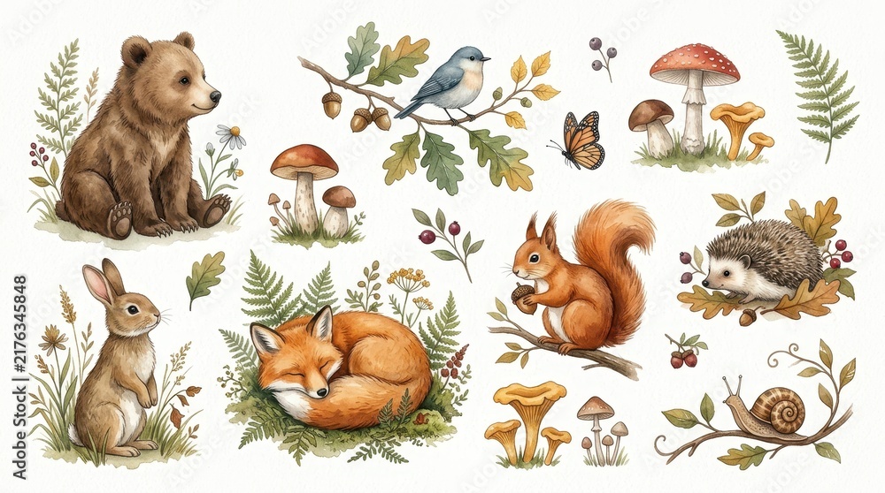 Obraz premium Watercolor Woodland Animals and Forest Elements Set with Bear Fox Rabbit Squirrel Hedgehog and Mushrooms