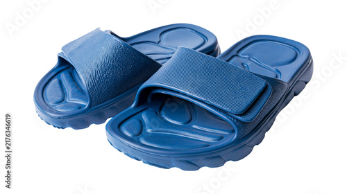 Konstfotografi Pair of blue rubber slide sandals with adjustable velcro straps