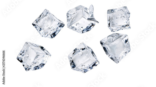Photography Clear frozen water ice cubes with melting droplets and internal air bubbles