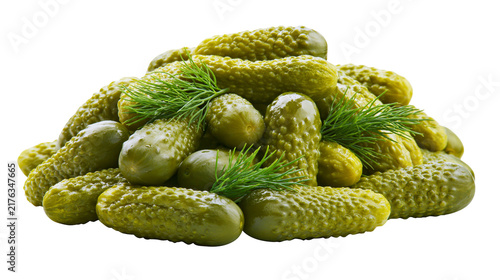 фотографія Heap of crunchy pickled gherkins with fresh green dill sprigs