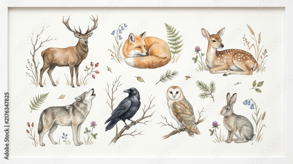 Obraz premium Watercolor Woodland Animal Collection with Deer, Fox, Wolf, Owl, Raven, and Rabbit on White Background