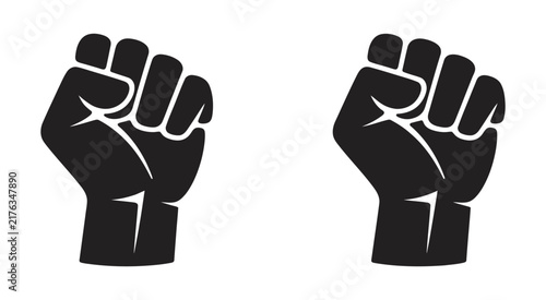 Raised fists silhouette, power strength protest activism unity gesture, black hand icon symbol, solidarity concept, white background, vector illustration

