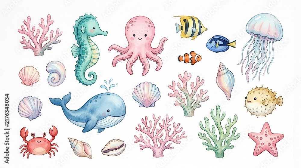 Obraz premium Cute Watercolor Sea Creatures Collection with Whale Octopus Seahorse and Corals on White Background