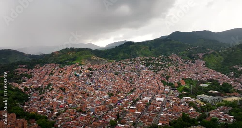 Panoramic aerial cityscape view over infamous Comuna 13 in Medellin Colombia