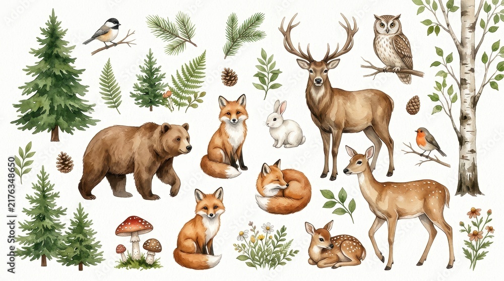Obraz premium Watercolor Woodland Forest Animals and Plants Collection Set with Bear, Fox, Deer, Owl, and Pine Trees on White Background