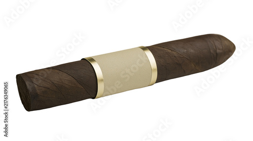 Fotografie Premium dark brown tobacco cigar with a blank beige paper band and gold trim