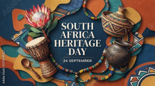 South Africa Heritage Day colorful celebration banner with cultural symbols
