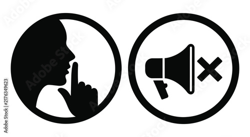 Obraz na płótnie Quiet please and no sound icons, black silhouette symbols, mute and silence sign