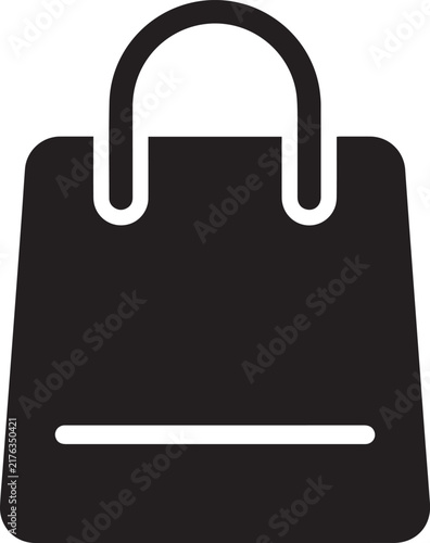 Black shopping bag silhouette icon with handle for retail merchandise and ecommerce store branding.