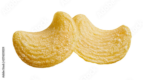 Bild auf Leinwand Two golden crispy crescent shaped corn snacks with textured surface