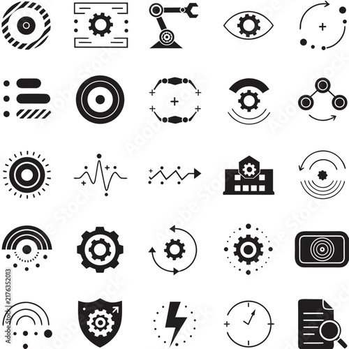 Automated engineering robotics and machine vision technology solid glyph icons set for app UI design