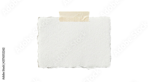 Rectangular piece of white textured paper with ragged edges attached by adhesive beige masking tape strip on transparent background
