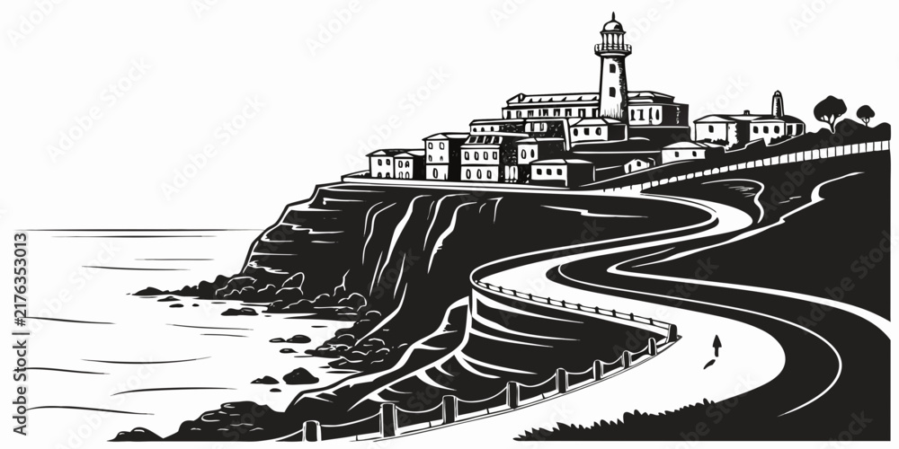 Obraz premium Aerial view of a coastal town with a large church and winding road leading to the beach