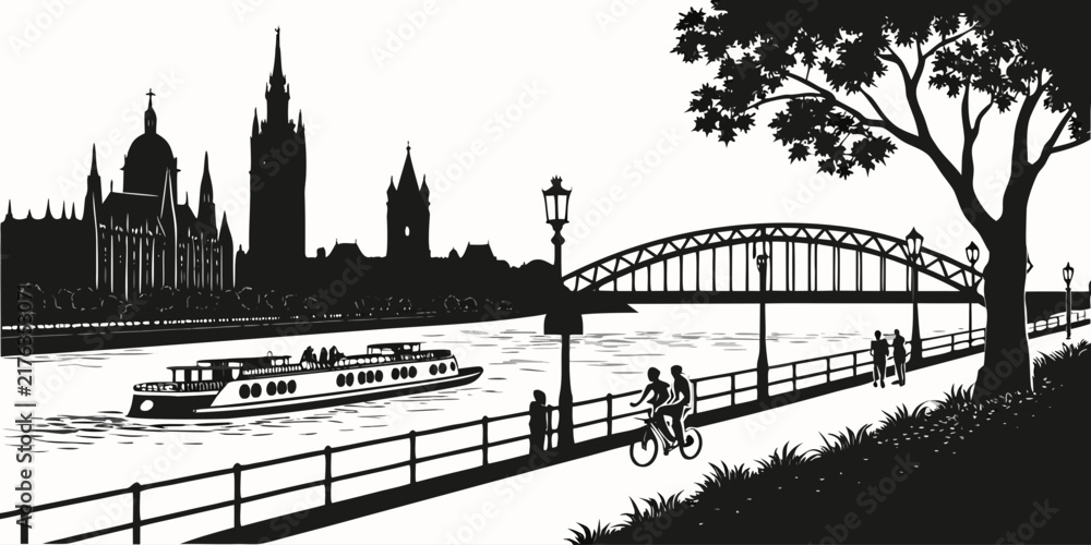 Fototapeta premium Black and white vector illustration of a gothic cathedral skyline with a riverboat and bridge over