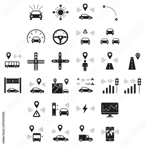Smart navigation and autonomous car telemetry solid glyph icons set for app UI design