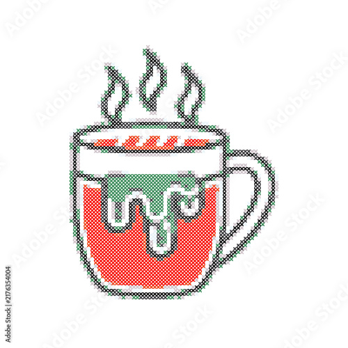 cross stich art of a steaming mug with melting topping