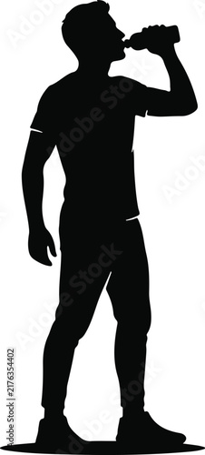 Silhouette of sportsman drinking water from plastic bottle. Vector illustration of man athlete rehydrating. High contrast black shape of soccer player resting. isolated on White Background