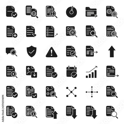 Document management and data analysis solid glyph icons set for business UI design