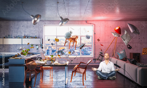Obraz na płótnie Man meditating levitating objects in surreal interior scene