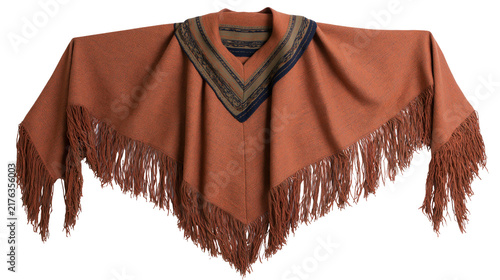 Fotografie Rust orange woven wool poncho with decorative patterned collar and long fringe