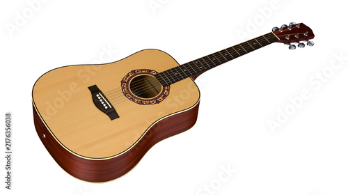 Foto Natural wood finish acoustic guitar with dark mahogany sides and intricate roset