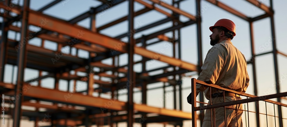 Fototapeta premium Construction supervisor observing multi - level steel framework from safety platform