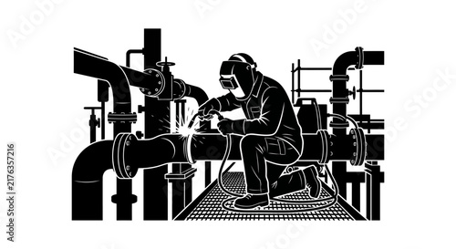 Foto Welder working on large industrial pipes black silhouette on white background