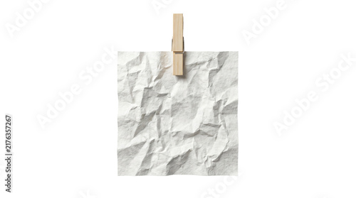 Obraz na plátně Wrinkled square white paper sheet held by a wooden clothespin clip hanging isola